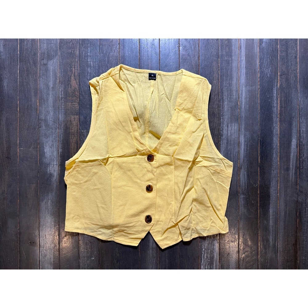 SHEIN Womens Yellow 100% Cotton V-Neck Button Front‎ Tailored Waistcoat Vest